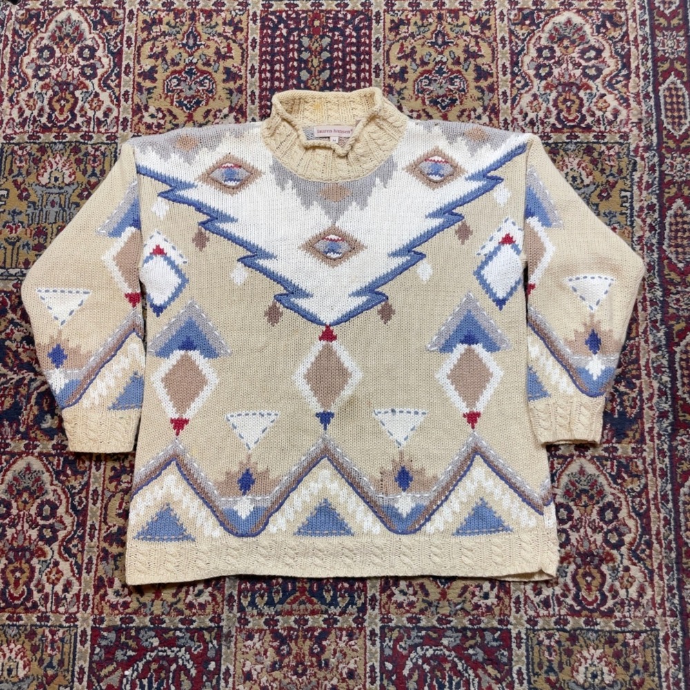 VTG 80s Lauren Hansen Ramie Cotton Aztec Southwest Mock Neck Sweater Tan Blue M‎
